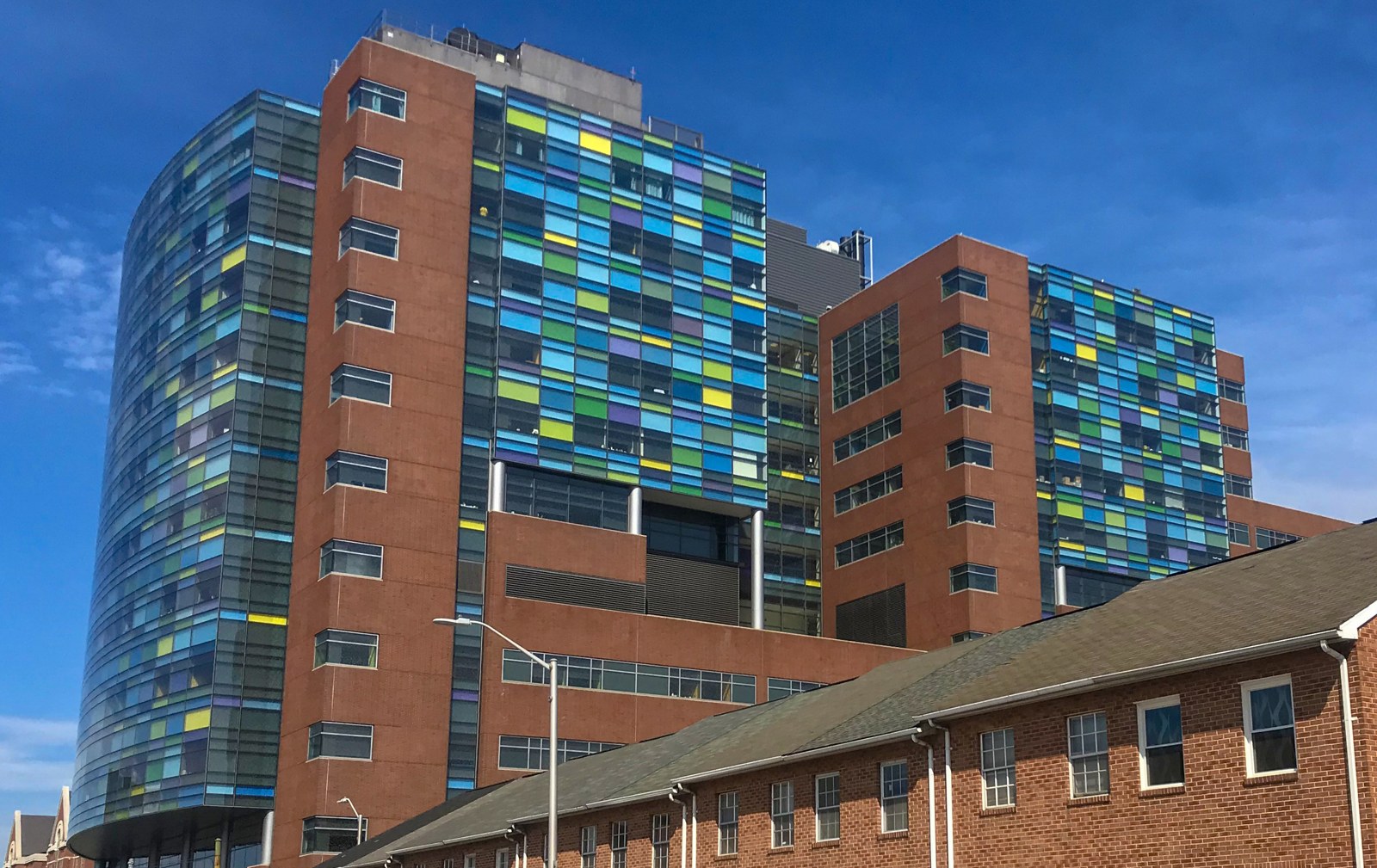 The colorful glass and brick towers of the Bloomberg Pavilion at Johns Hopkins Hospital in Baltimore.